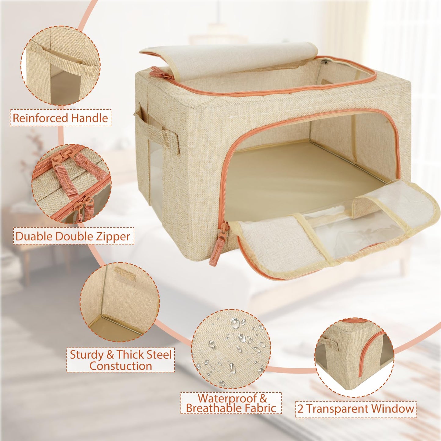 YOUNTHYE 4 Pack Clothes Storage Bags, 24L Foldable Clothes Storage Boxes with Lids, Clear Window & Carry Handles