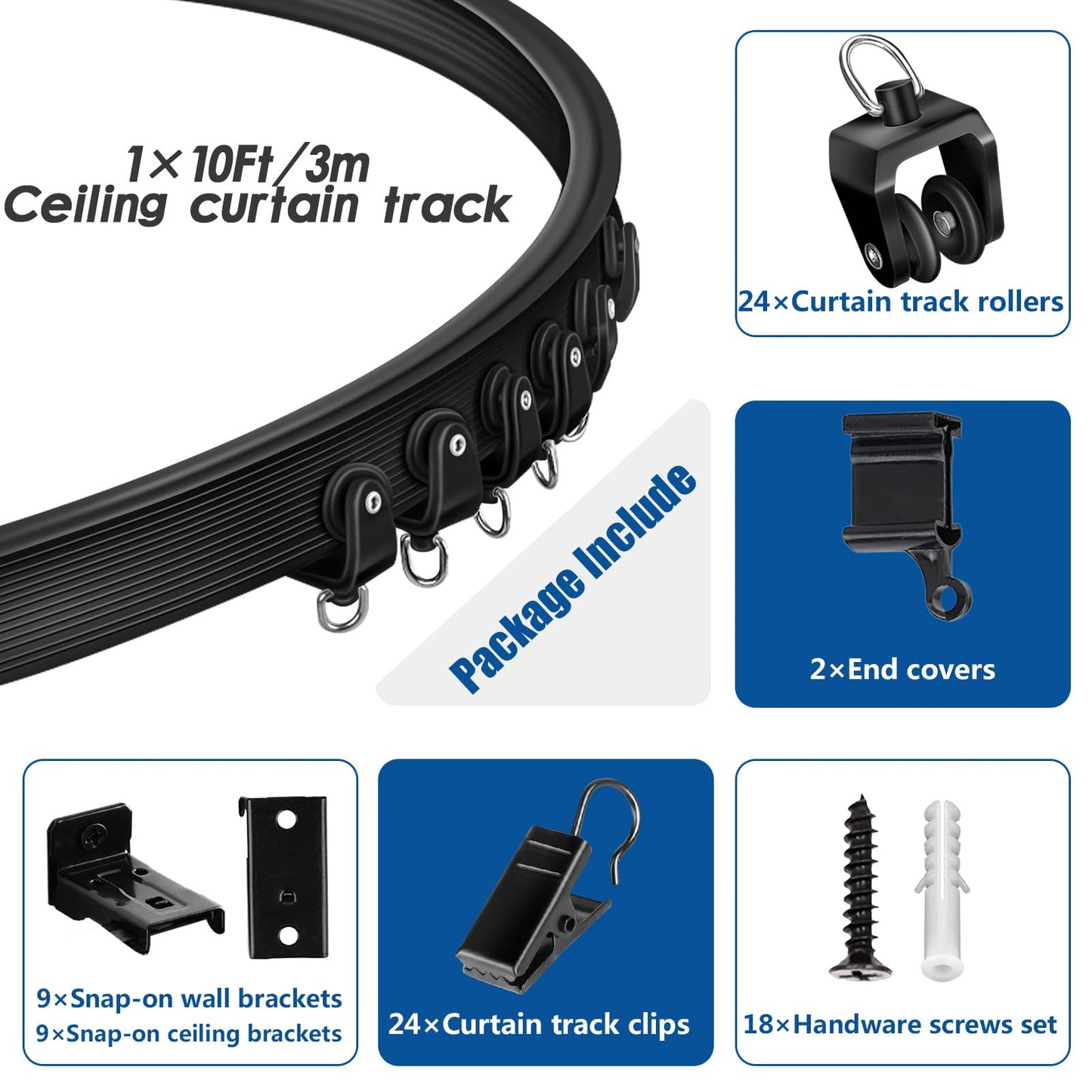 Ceiling Curtain Track, Flexible Bendable Curtain Track 10Ft Black Curved Curtain Rail Ceiling Wall Mount Curtain Sliding Track System Set for RV