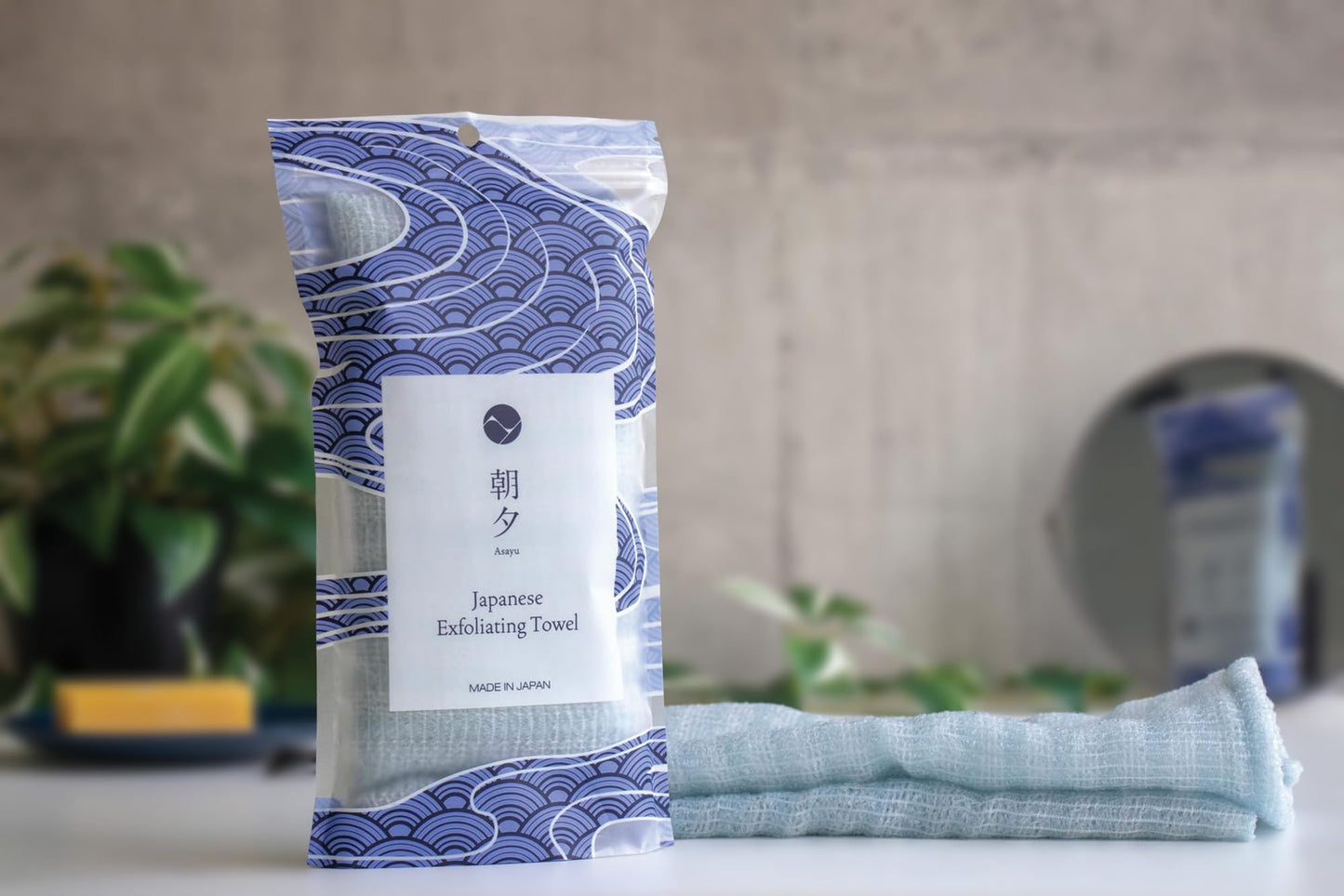 Asayu Japan Japanese Exfoliating Towel, Soft Surface Body Washcloth, Long Back Scrub Cloth for Shower and Bathroom - Light Blue x White