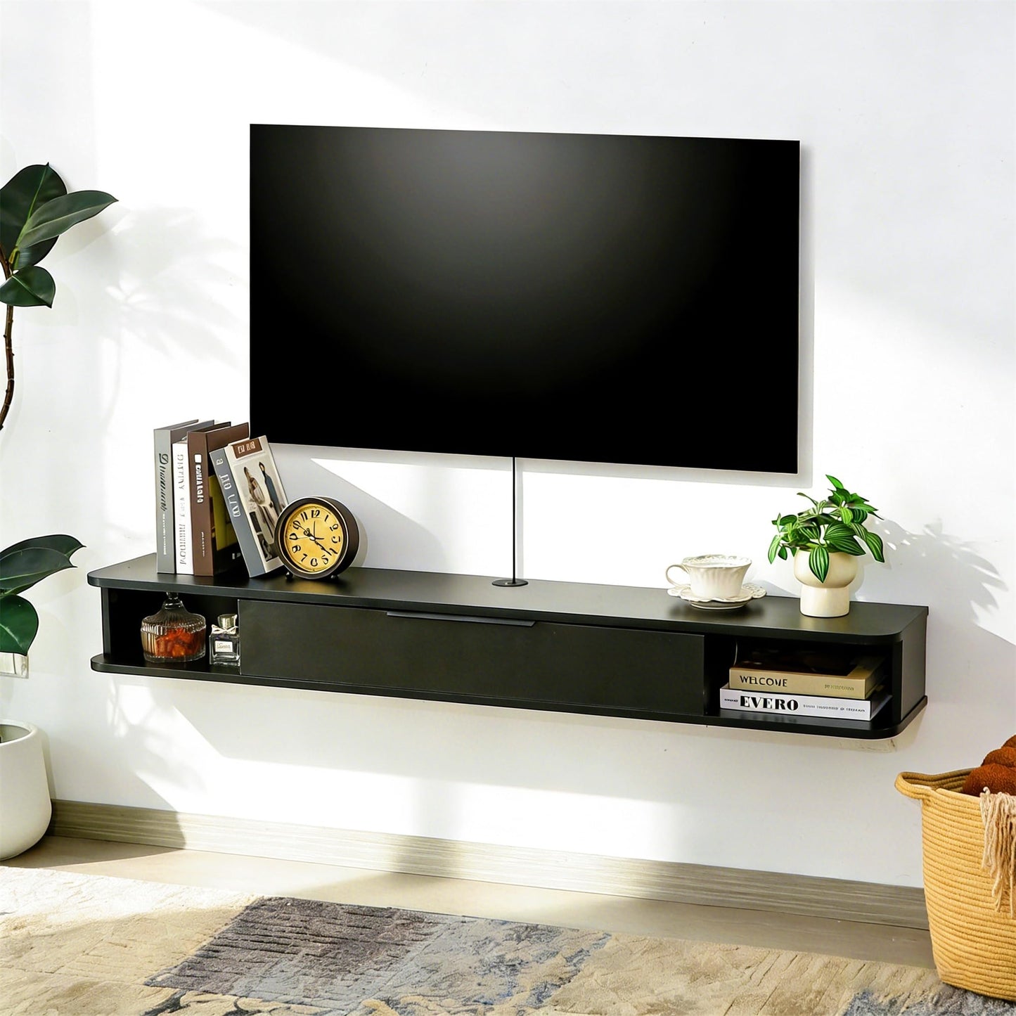 Mordchil EU Wall-mounted TV Cabinet Stand, 140cm Floating Media Console Under TV, Entertainment Shelf Center for Bedroom and Living Room, Black