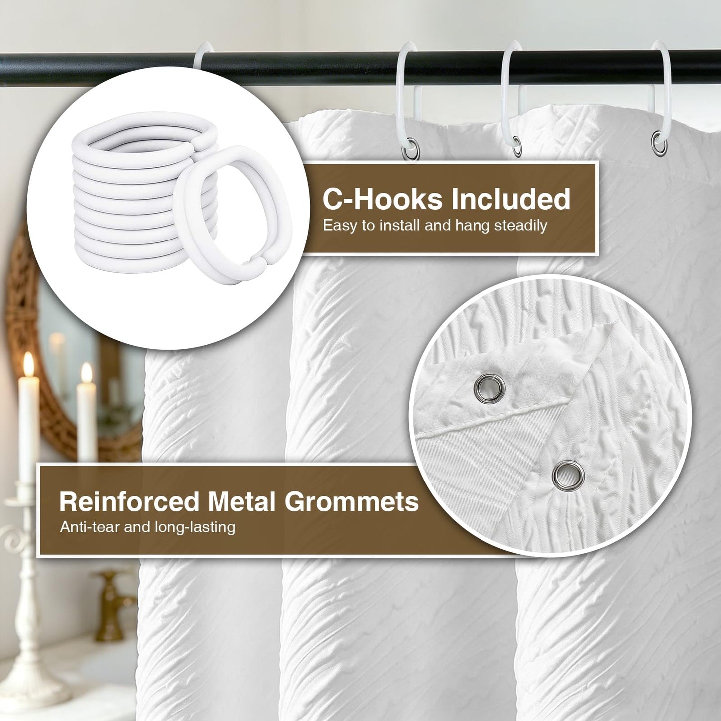 Extra Wide White Shower Curtain 300x200cm for Large Bathroom - Heavy Fabric Marble Pattern Shower Curtains with Hooks & Weighted Hem