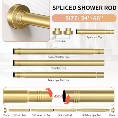 Emlaoe Gold Shower Curtain Rod 34-66 Inches2.8-5.5ft Never Rust Adjustable Shower Rod Spring Tension Non Slip No Drilling Shower Rods for Bathroom