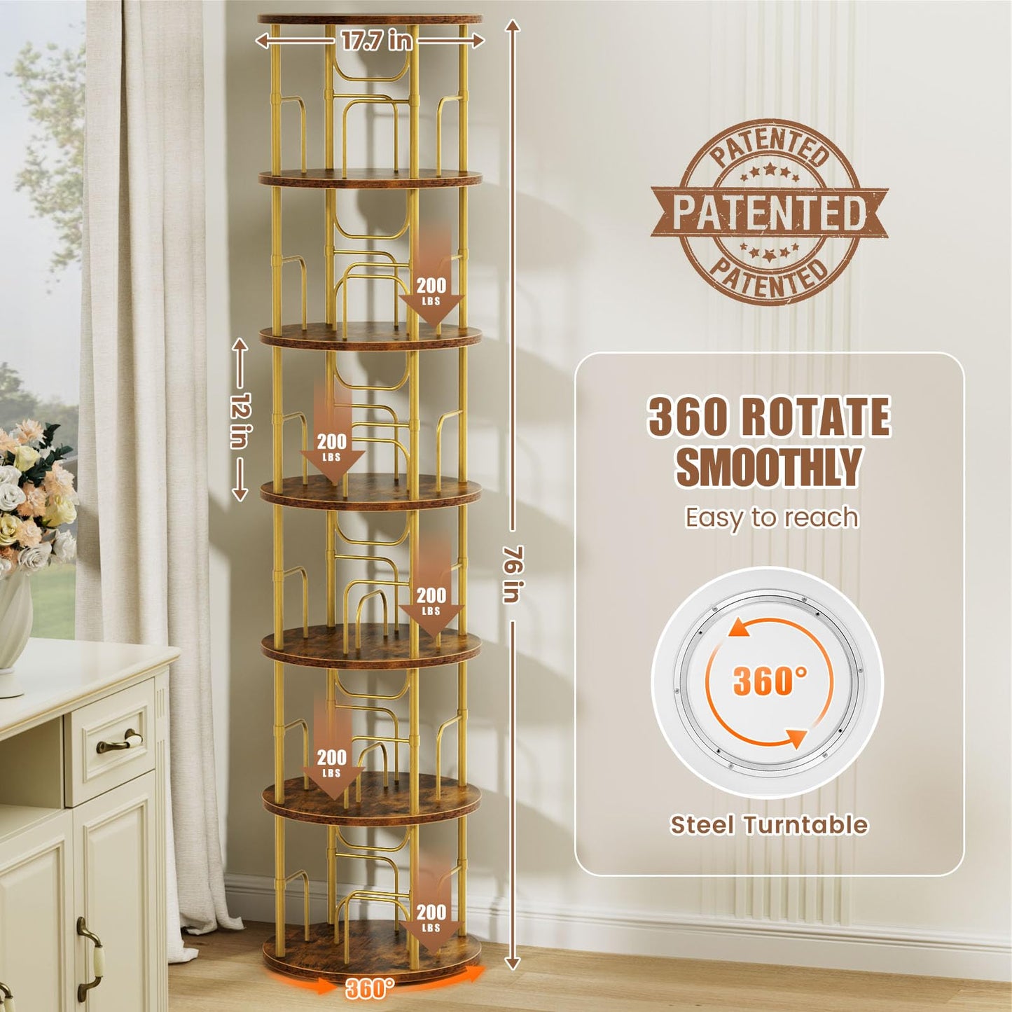 OCTORO 6 Tier Rotating Bookshelf, 360° Corner Bookshelf Tower, Round Revolving Bookcase with Adjustable Levels, Spinning Book Shelf for Home Office