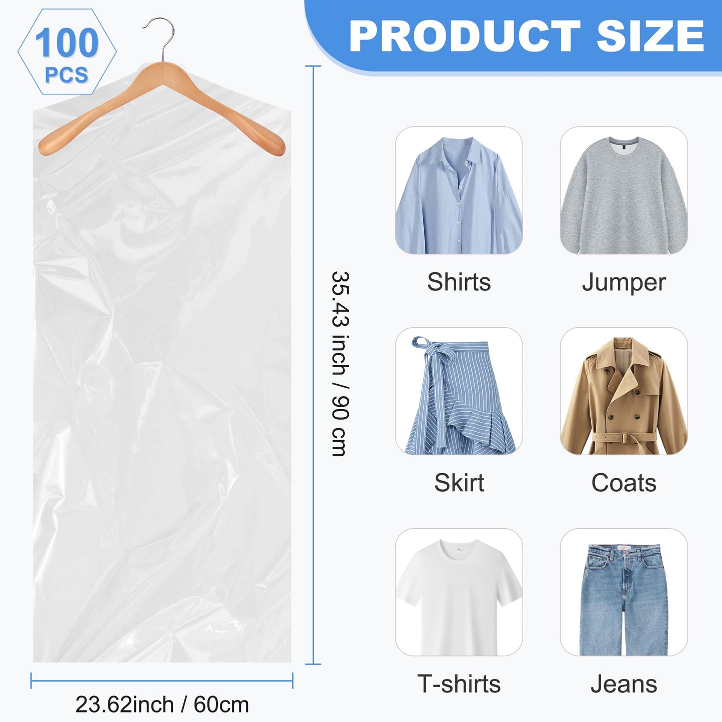 AZKEEGREY 100 Pcs Clear Dry Cleaning Bags for Clothes 60 x 90 cm