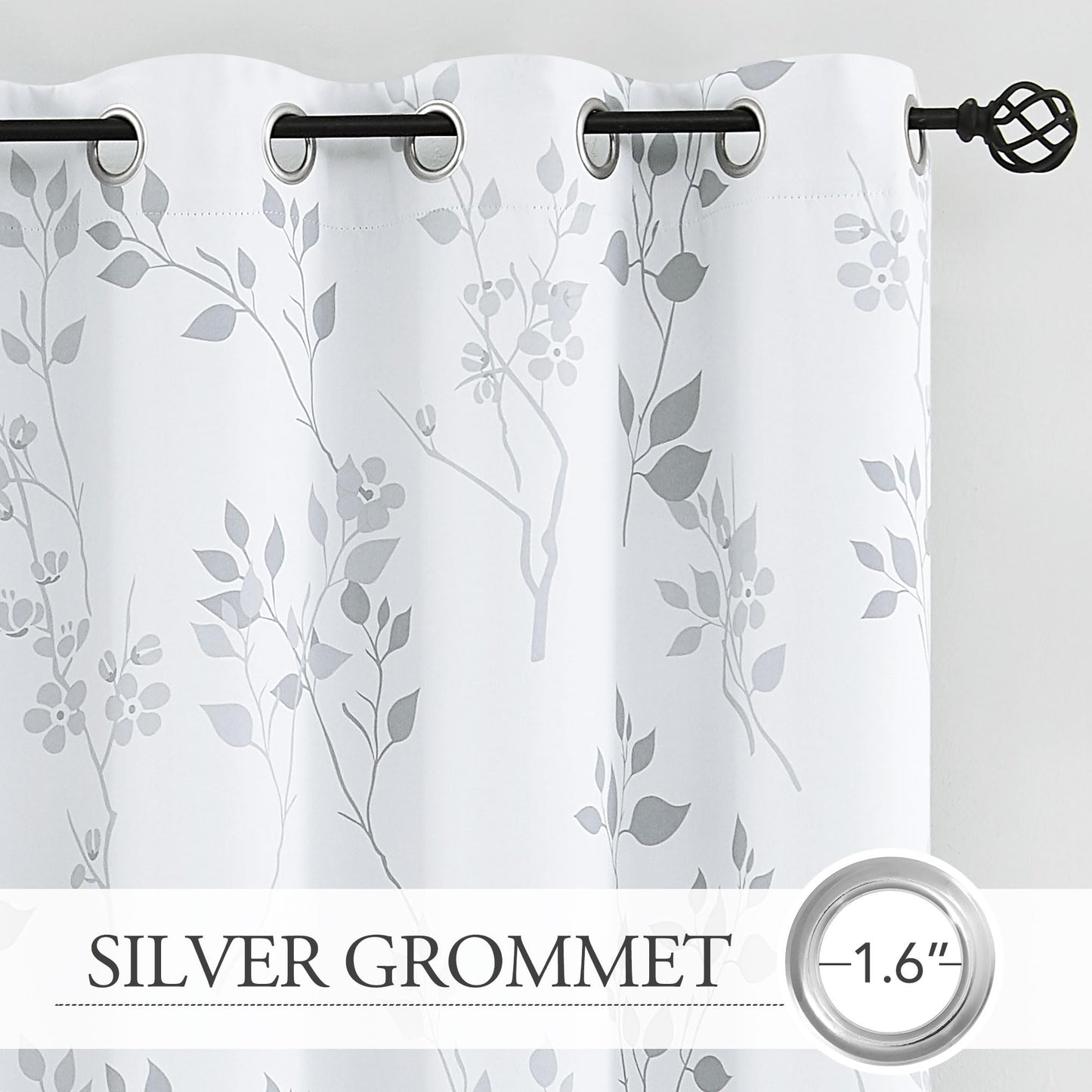 Beauoop Grey Floral Blackout Curtains for Bedroom Living Room 72 Inch Drop Leaf Print Eyelet Curtain Botanical Thermal Insulated Noise Reducing Drapes