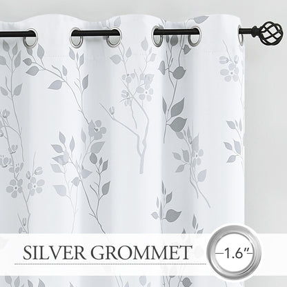 Beauoop Grey Floral Blackout Curtains for Living Room Bedroom 90 Inch Drop Leaf Print Eyelet Curtain Botanical Thermal Insulated Noise Reducing Drapes