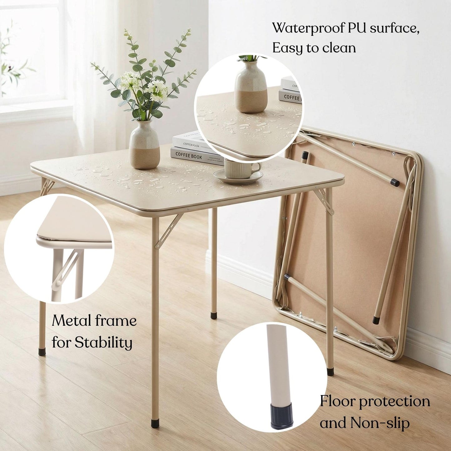 FurnitureR Folding Square Dining Table,Card Game Play Desk Portable for 4 People,Adults,Teens,Boys,Girls,Indoor,Outdoor,86x86x71cm,Camel