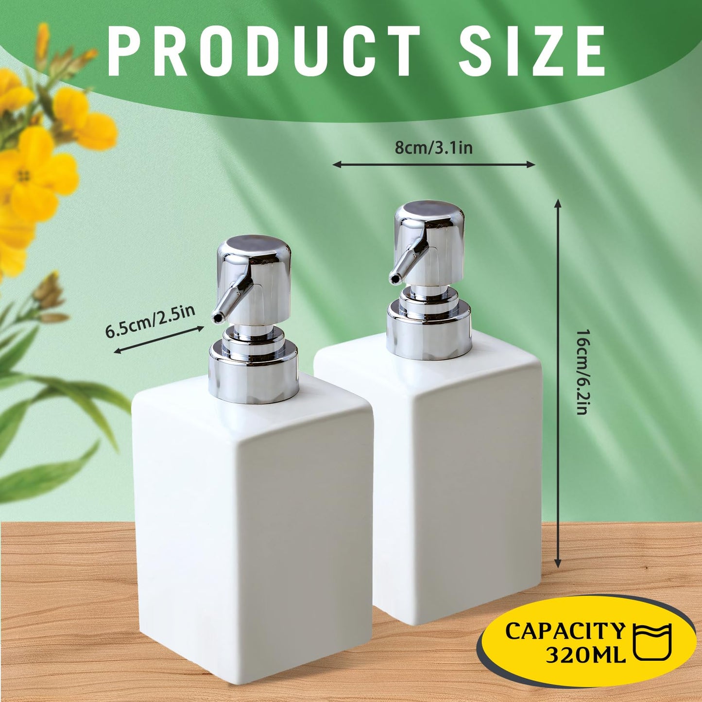 2PSC White Ceramic Soap Dispenser - 320ml/11oz Square Design with Long Spout & Rustproof Pump, Refillable for Shampoo/Liquid Soap
