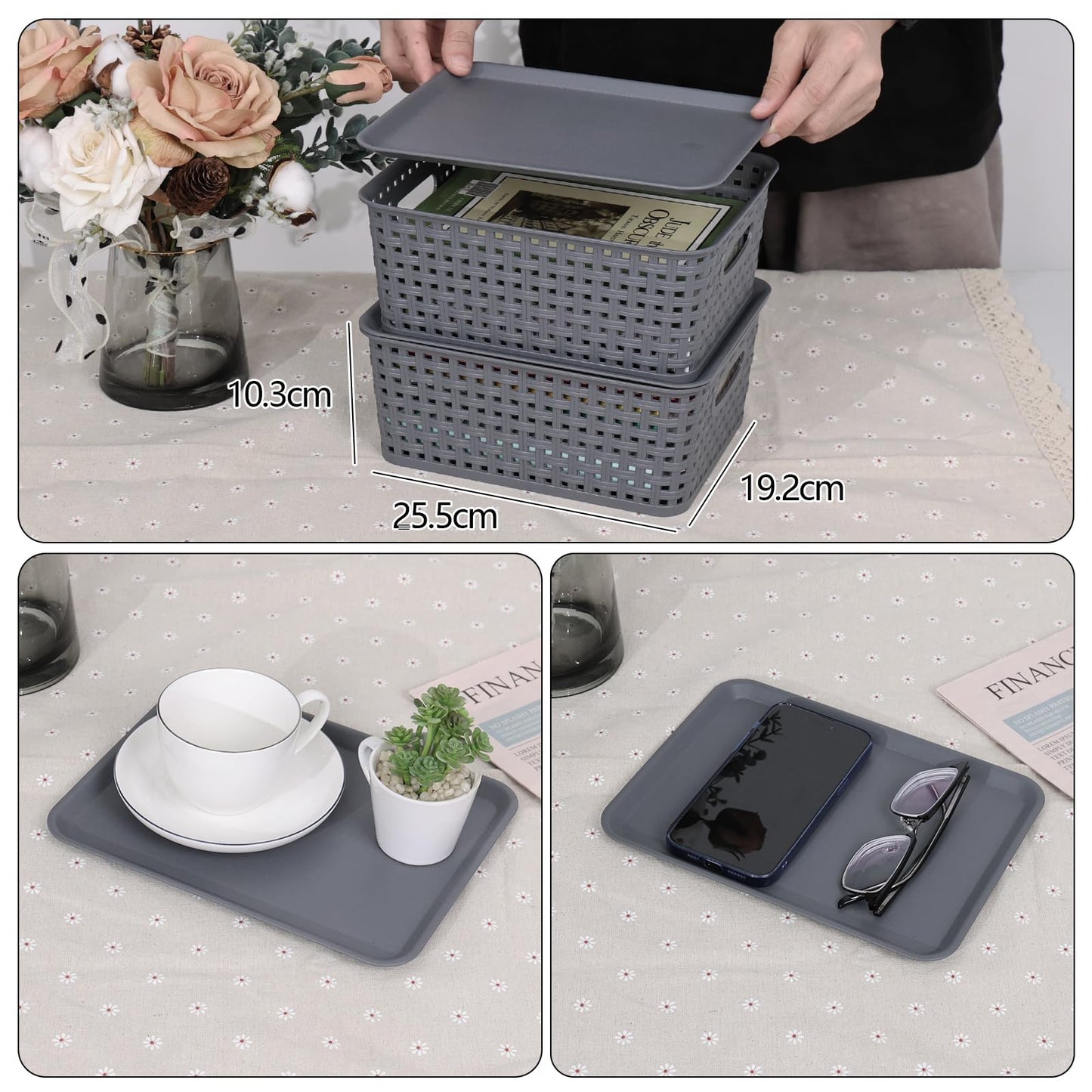 Lesbin 6-Pack Lidded Storage Baskets, ‌Weave Baskets with Lids, Gray