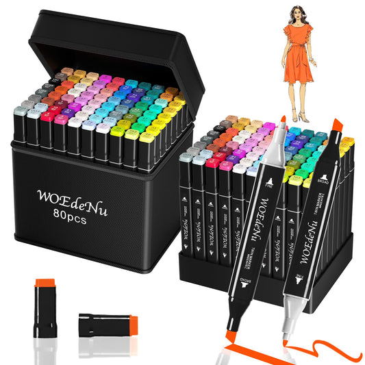 WOEDENU 80 Colours Alcohol Markers Set, Colouring Pens Dual Tip Permanent Art Marker Pens for Drawing, Sketching, Manga, Anime & Adult Colouring with