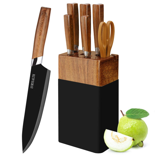 lapelux Knife Set-6 Piece Kitchen Knife Set with Block, Wood Grain Handle, Stainless Steel Knivese with Chef, Bread, Slicing, Paring Knife for Cutting