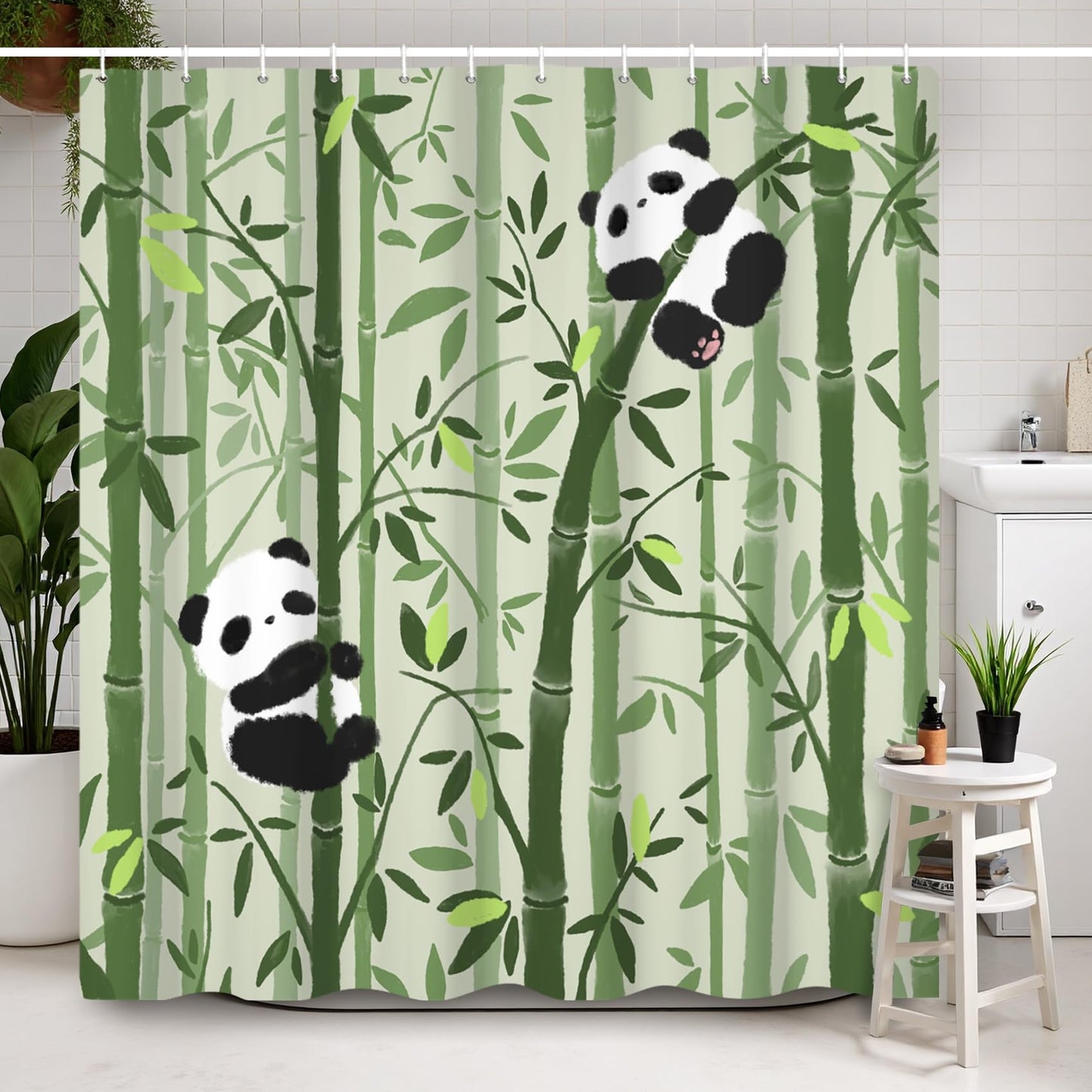 Ttincceer 180x180cm Cute Panda Shower Curtain Bamboo Forests Cartoon Panda Pattern Bathroom Curtain Mildew Resistant Black White Animal Shower