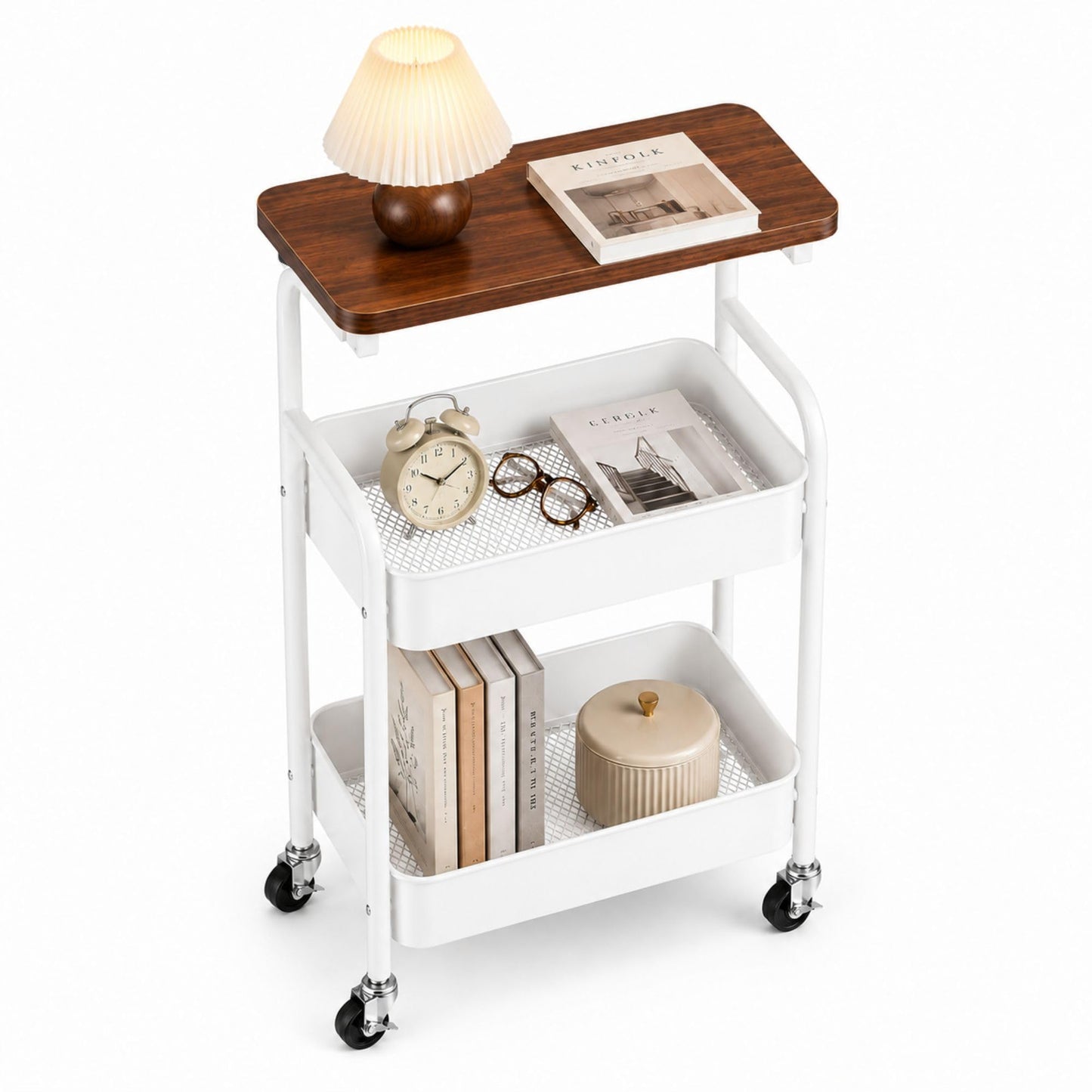 MAGIC SELECT Storage Trolley on Wheels 3 Tier. Rolling Storage Cart with Wooden Top. Metal Storage Trolley Organiser for Kitchen, Bathroom