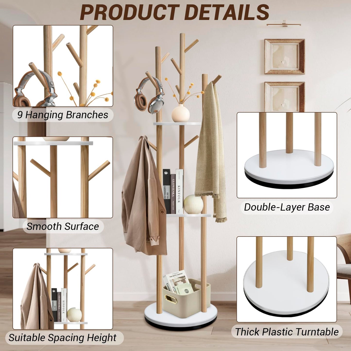 SUNDOY 165CM Rotating Wooden Coat Rack Freestanding with 3 Shelves & 9 Hooks, Hall Tree Stand for Entryway, Bedroom, Hallway & Living Room