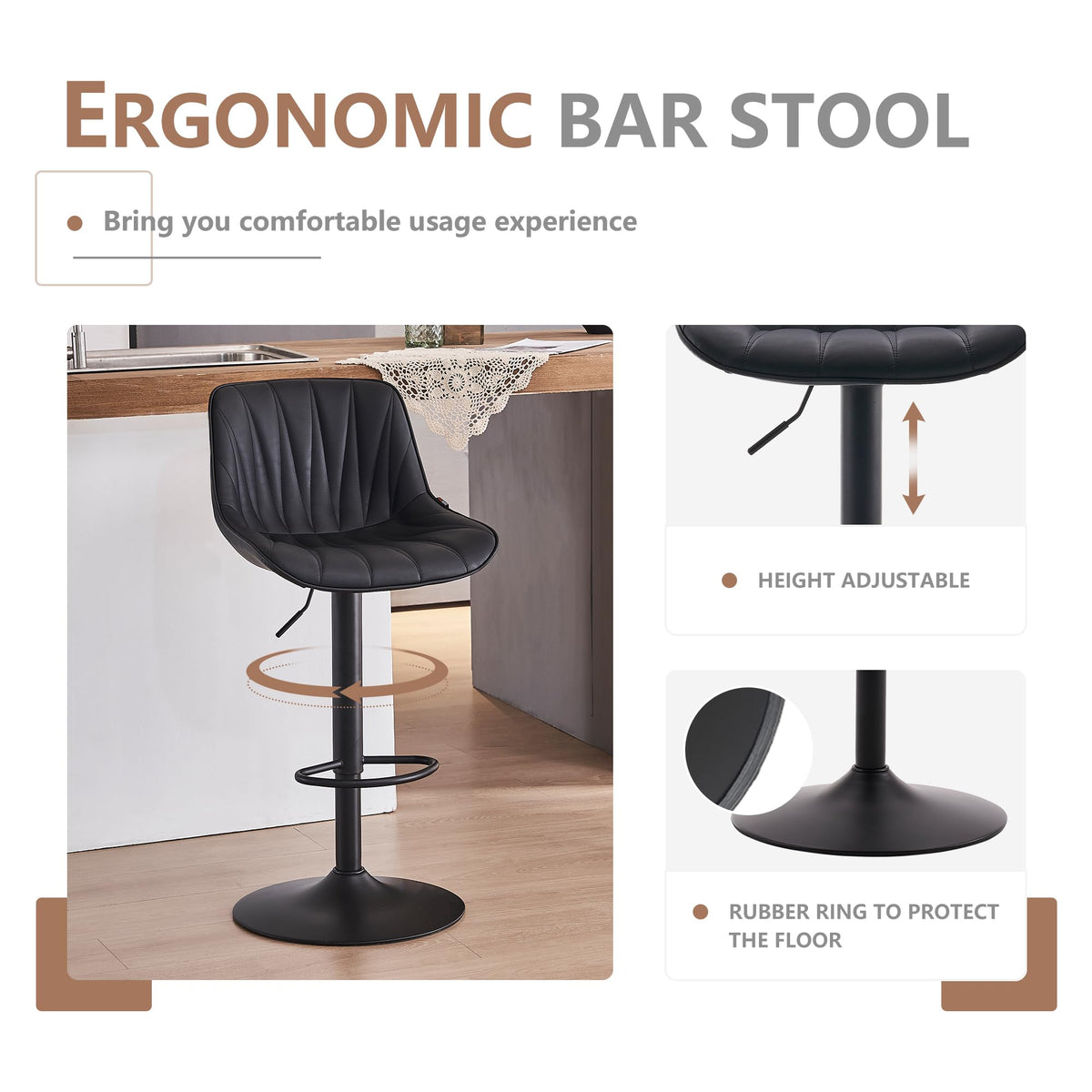YOUNIKE Bar Stools Set of 2 Black, Swivel Adjustable Tall Barstools, Faux Leather Padded Bar Chair with Back, Modern Counter Stools for Kitchen Island