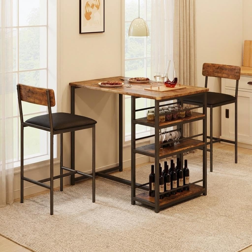 Techigher Bar Table Set, Dining Tables with 2 Upholstered Chairs, 3 Piece Counter Height Kitchen Table Set with 3-Tier Storage Shelves