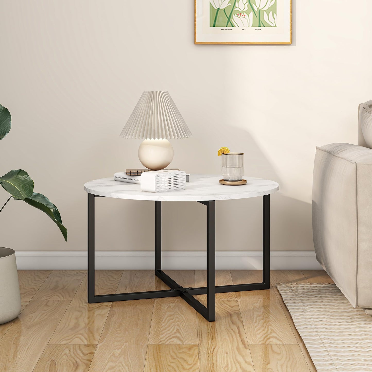 BOFENG Round Coffee Table Tea Table End Table Sofa Table for Living Room with Metal Legs,Black+White