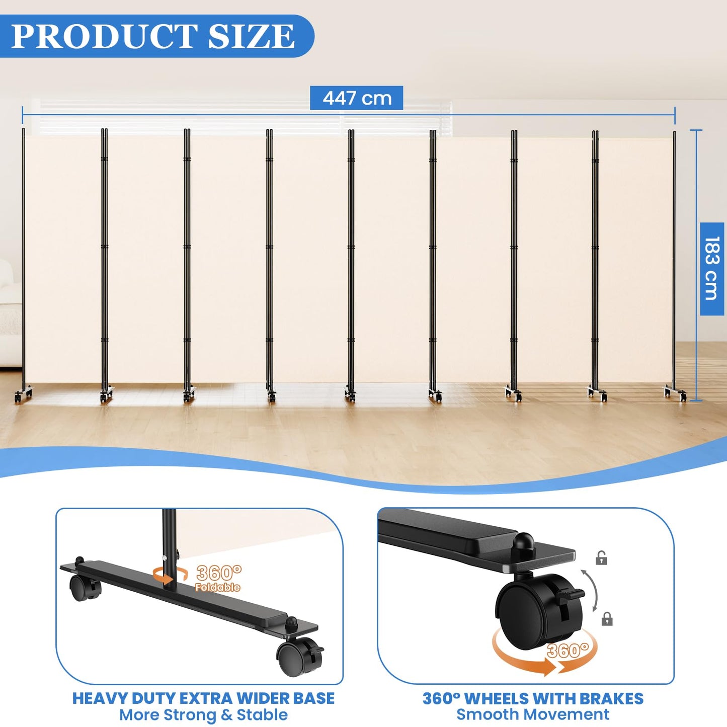 8 Panel Room Divider 183CM Folding Privacy Screens with Lockable Wheels