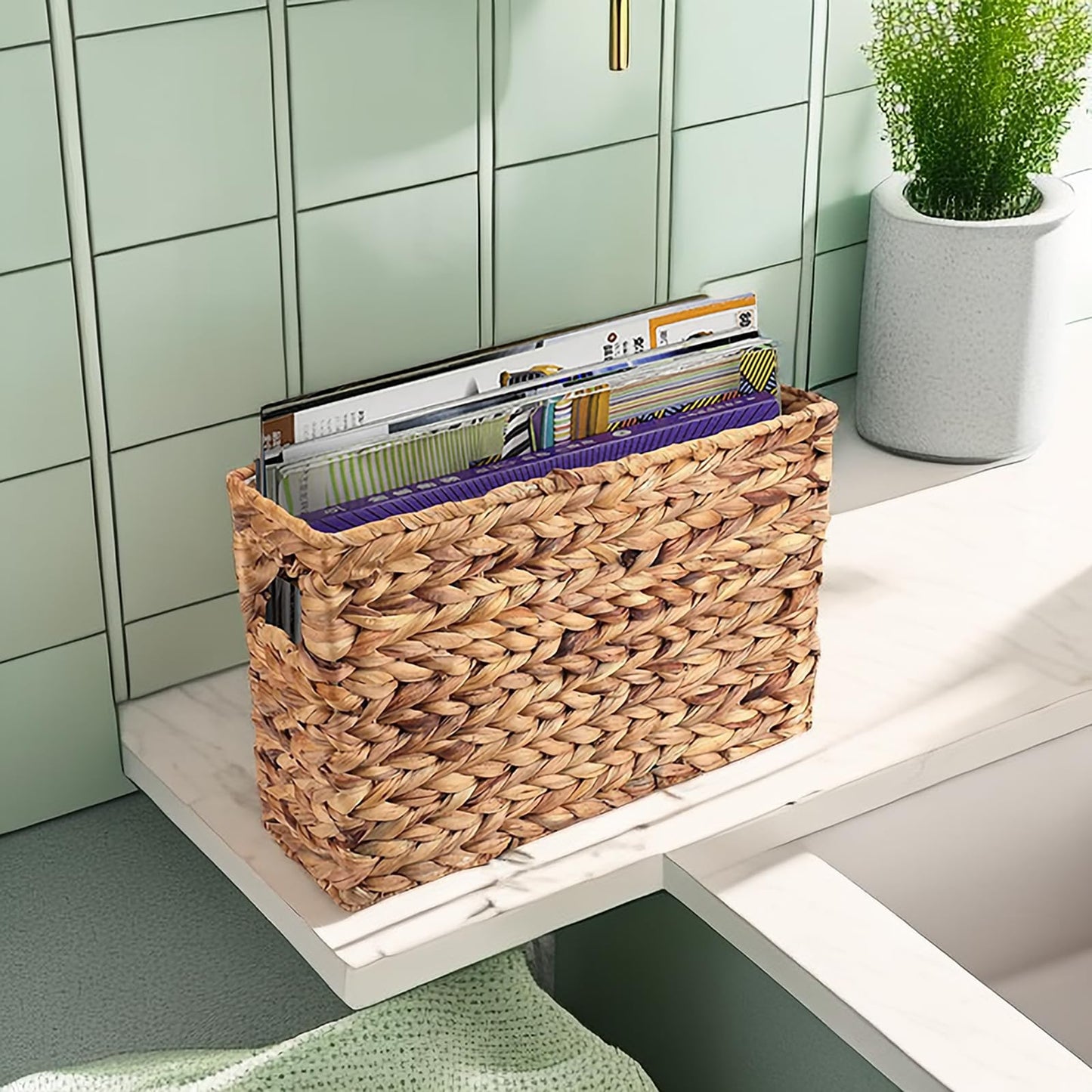 Yesland Hand-Woven Natural Narrow Water Hyacinth Holder Wicker Basket, 15.5 x 5.5 x 9.75 Inch/39 x 14 x 24.7cm Decorative Magazine Storage Bin for