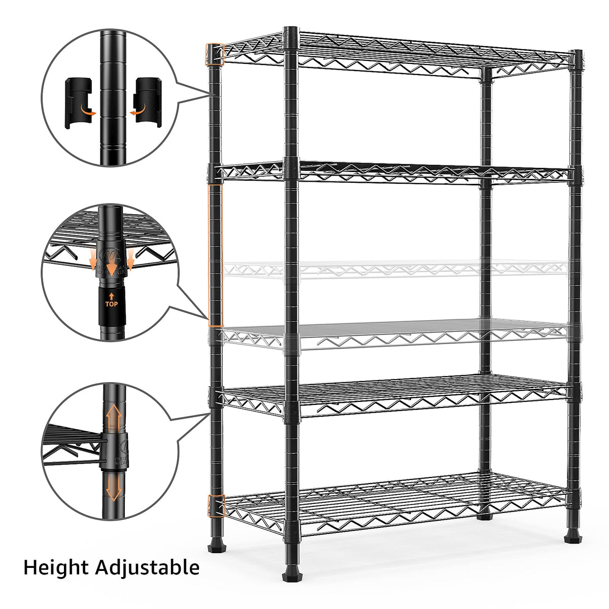 M MZG Height Adjustable Shelves,Heavy Duty Wire Pantry Shelving for Tool Sheds, Garage, and Storehouse,Metal,Black 4tier,35 x 60 x 135.8 cm