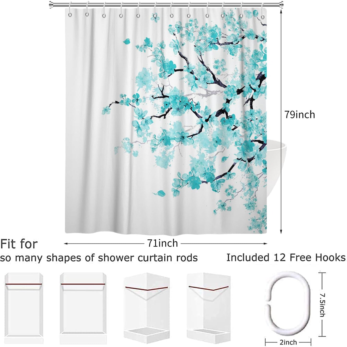 Hnmdmyi Cherry Blossom Shower Curtain 180x200, Turquoise Floral Sakura Blooming Plum Japanese Asian Anime Art Style Bathroom Curtains Waterproof