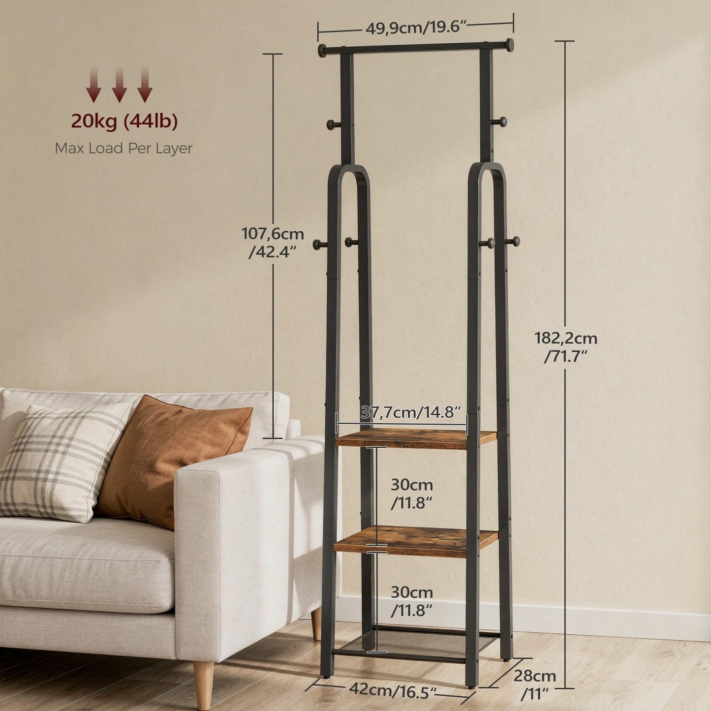 MAHANCRIS Coat Rack, Freestanding Coat Stand with Hanging Rail, Industrial Clothes Rack with 3-Tier Shelf & 8 Hooks, for Hallway, Entryway, Bedroom