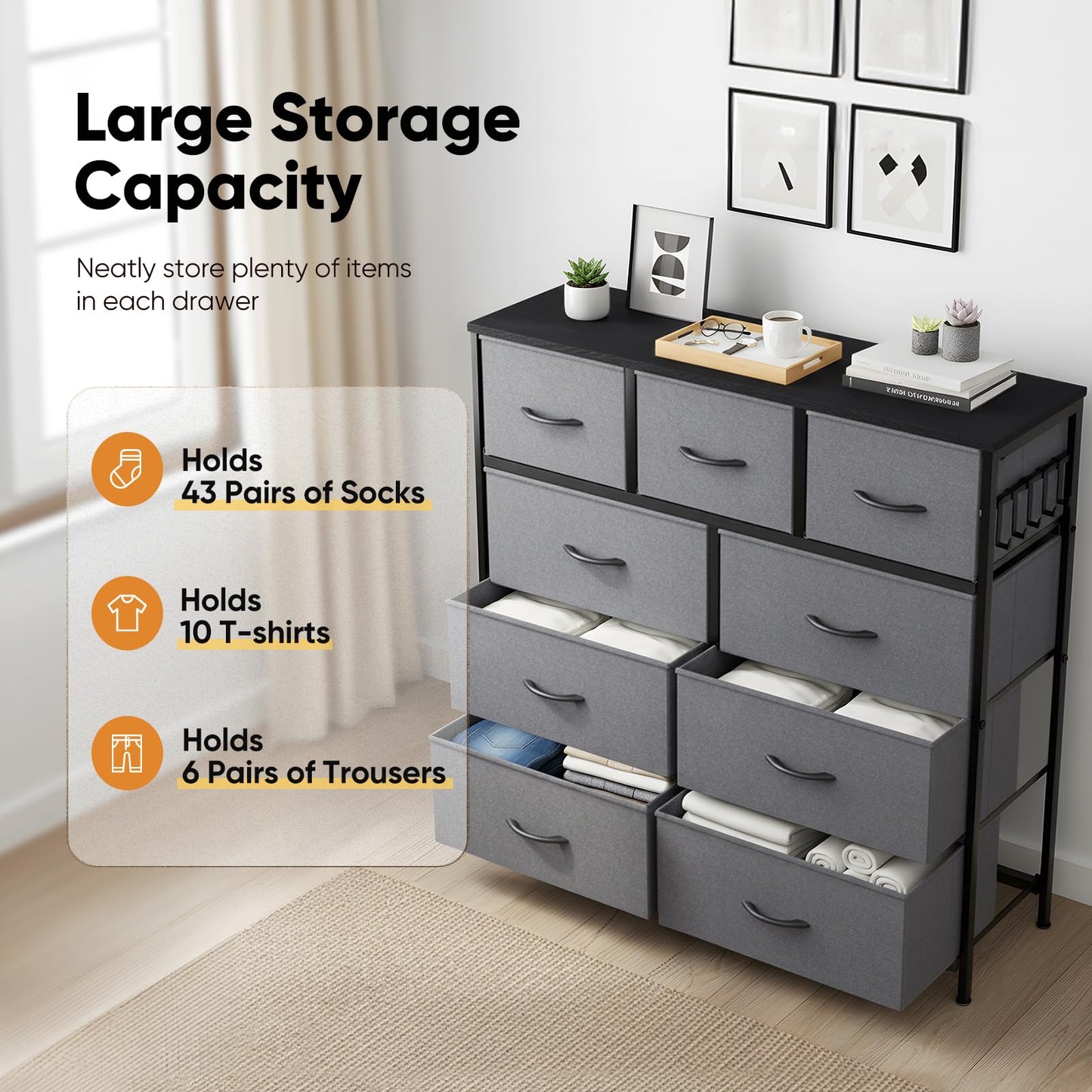 MAXLEAD Fabric Chest of Drawer with 9 Drawers, Home Storage Cabinet with Metal Frame & Wood Top, Large Capacity Dresser for Bedroom, Living Room
