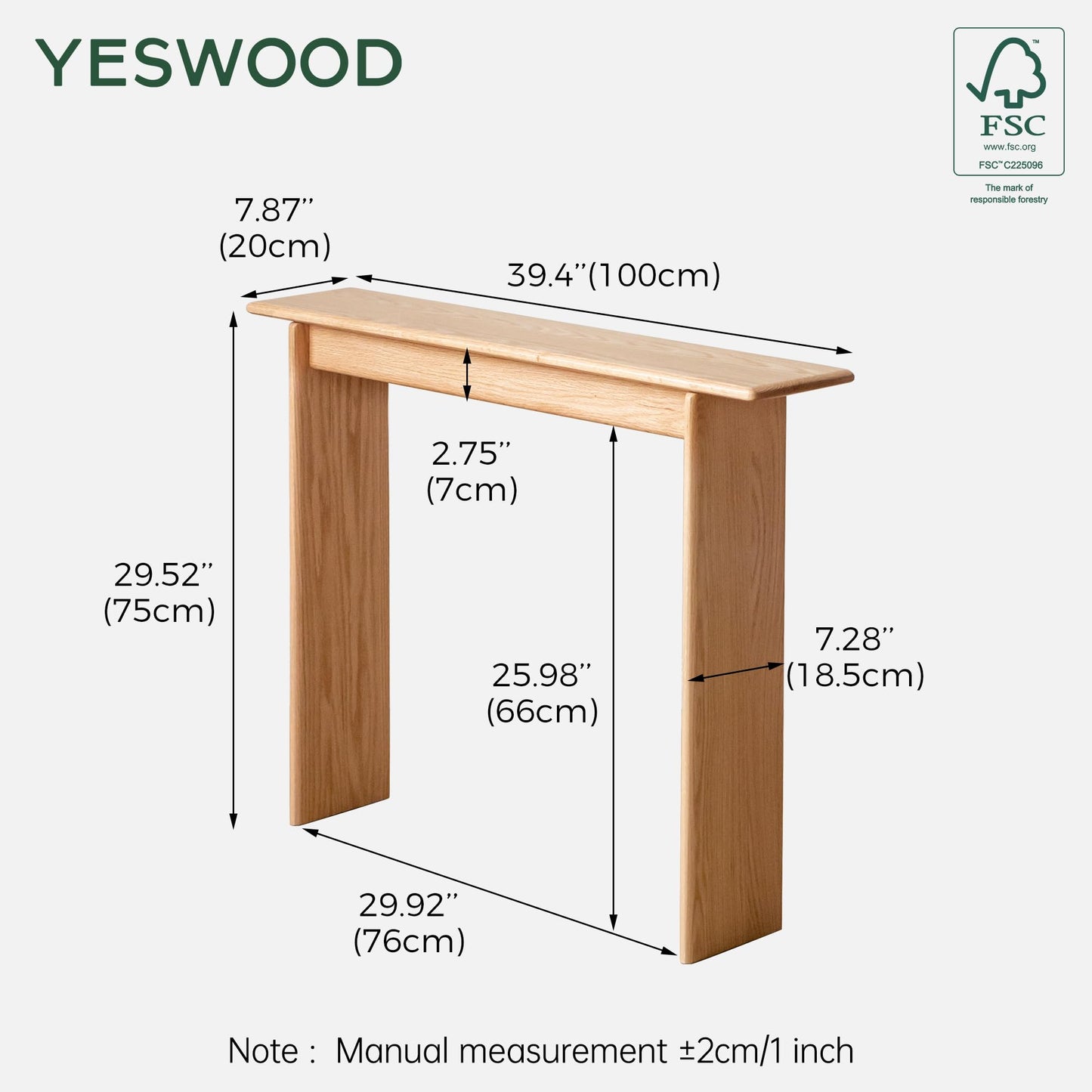 Slim Solid Oak Console Table for Entryway, Narrow Hallway Table,100x20x75cm
