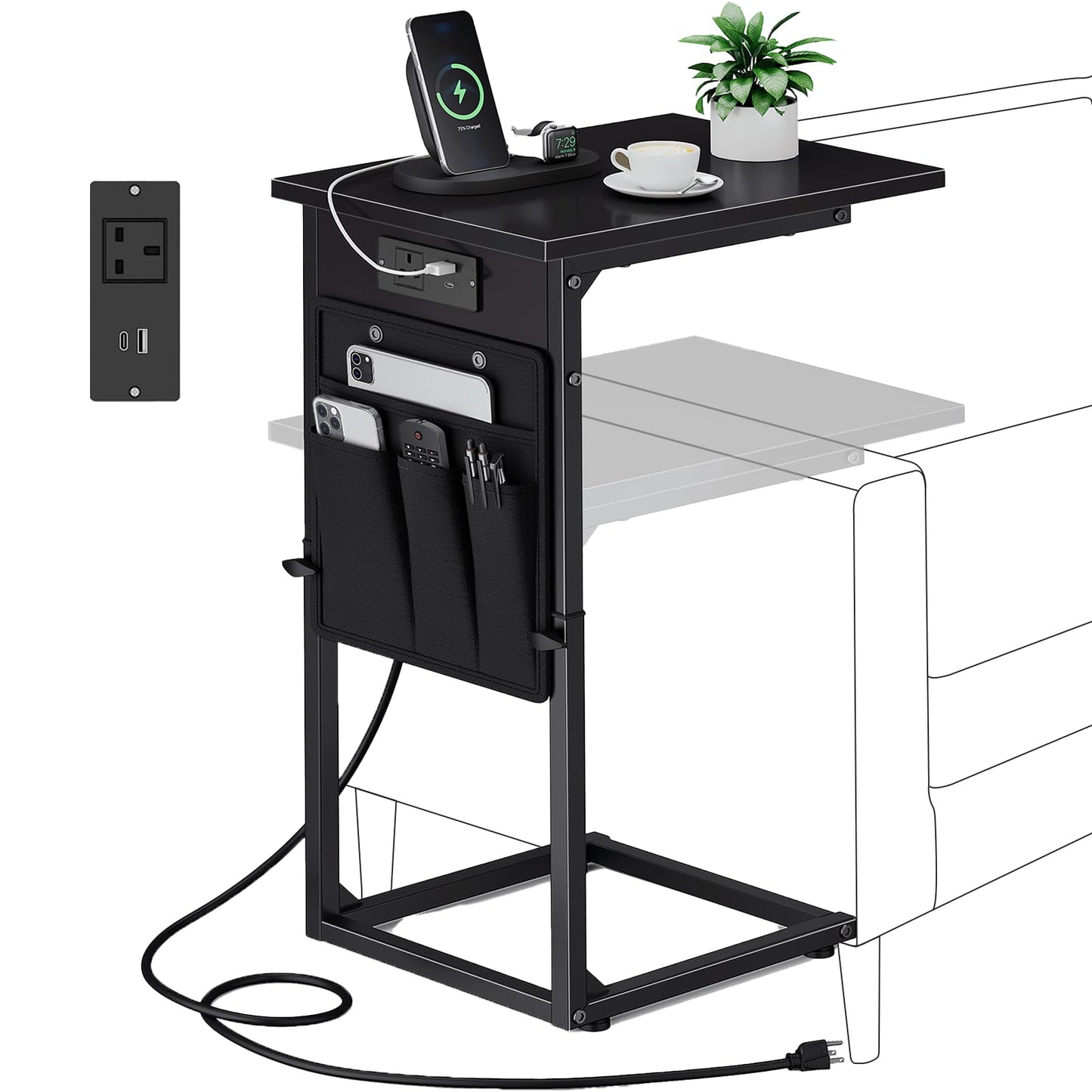 Vagusicc C-Shaped Side Table with Charging Station, Height Adjustable Sofa Side Table, Bedside Table, End Table for Small Spaces