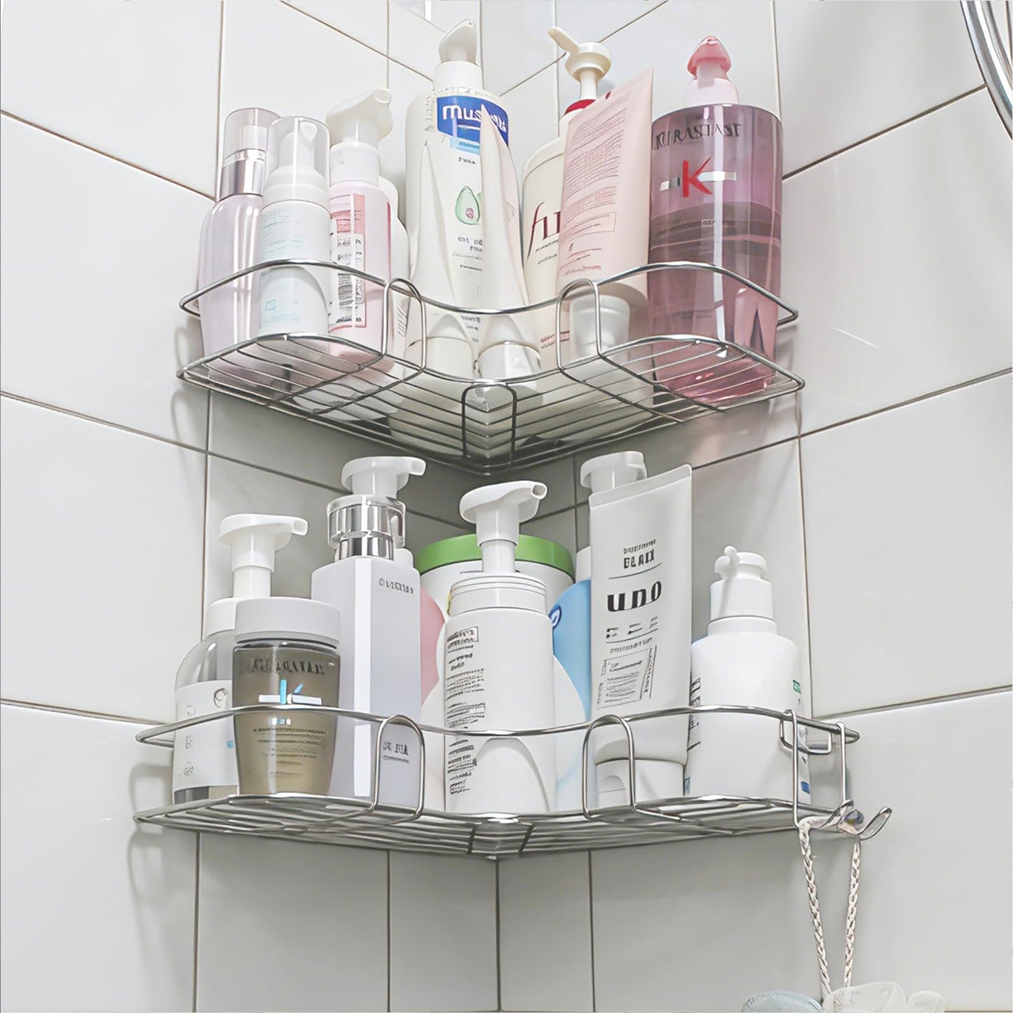 Poywaze Shower Corner Caddy, Adhesive Bathroom Shelves, Stainless Steel Bathroom Organiser, Shower Organiser No Drilling, Silver(Set of 2)
