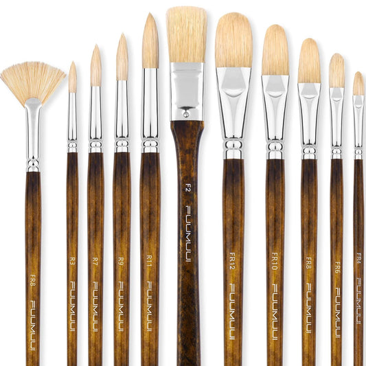 Fuumuui 11PCS Professional Oil Paint Brush Set - Superior Hog Bristle Paint Brushes - Perfect for Oil, Acrylic, Gouache Painting