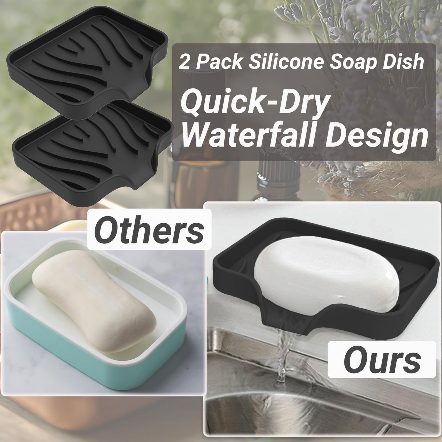 Penbin 2 Pack Silicone Soap Dish with Drain, Bar Soap Holder for Shower & Bathroom, Self Draining Waterfall Soap Tray for Kitchen Sink