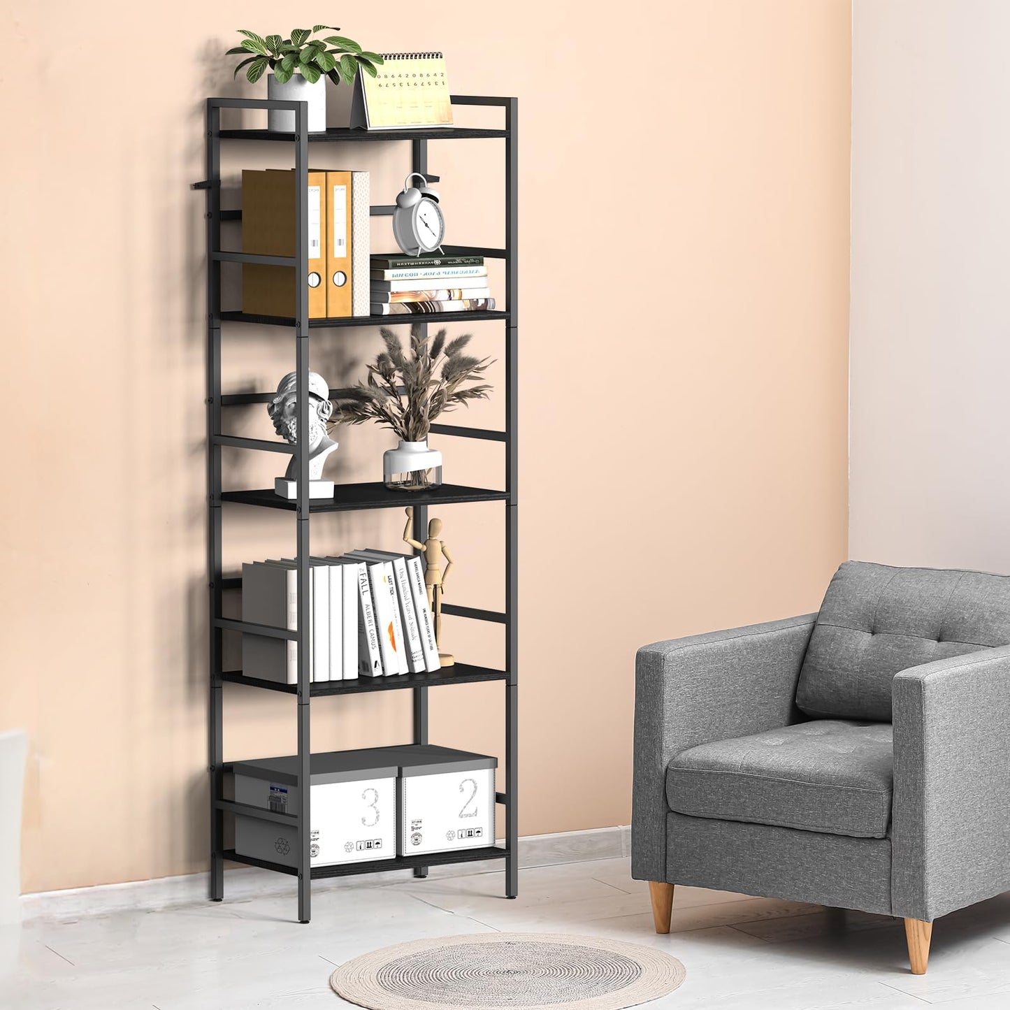 CADUKE 5 Tier Bookcase, Large Black Bookshelf with Open Storage
