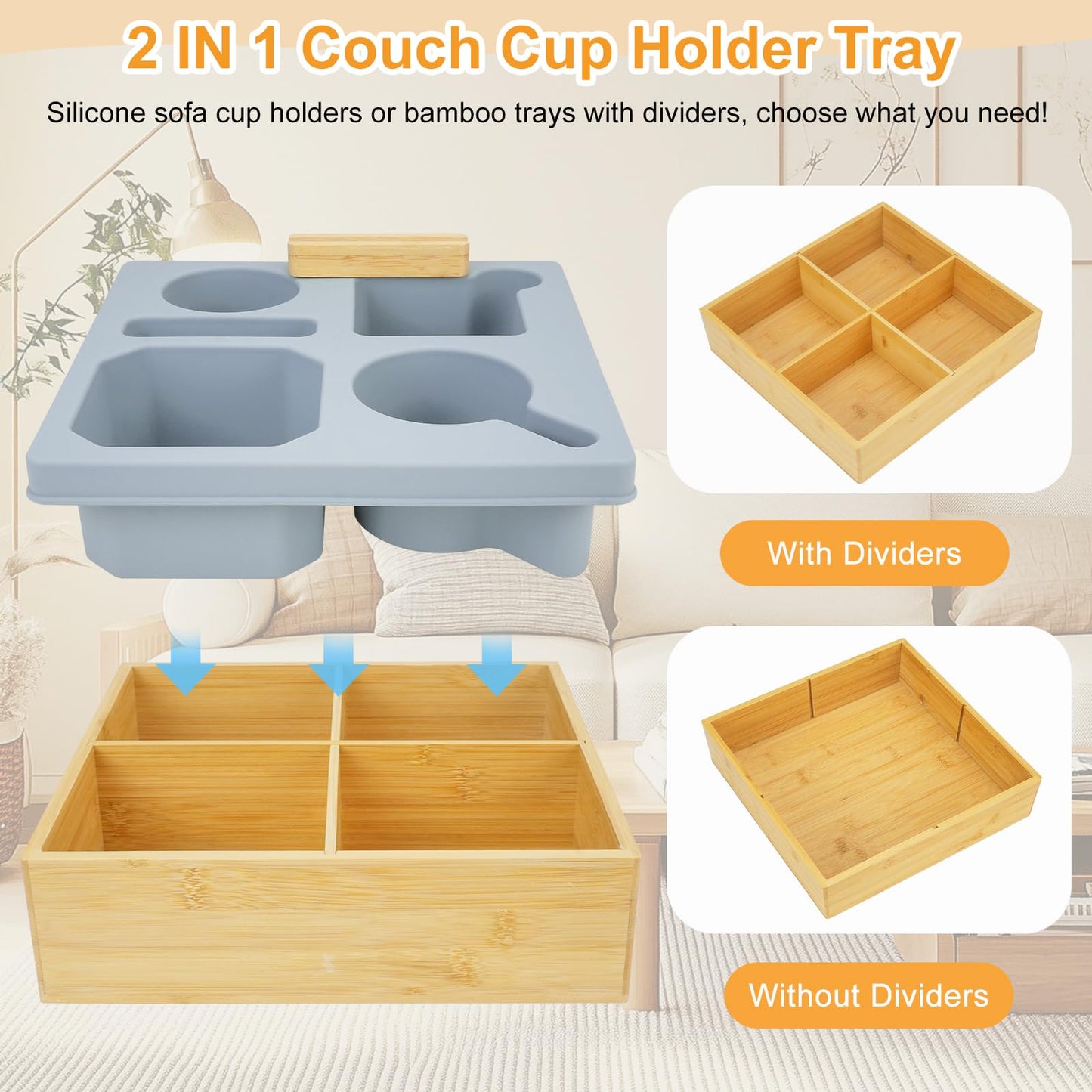 CXRYLZ-FUR 2-in-1 Couch Cup Holder Tray, Bamboo Sofa Arm Tray, Silicone Caddy Remote Control Snacks Cup Holder for Sofa Armrest Bedroom Picnic Beach