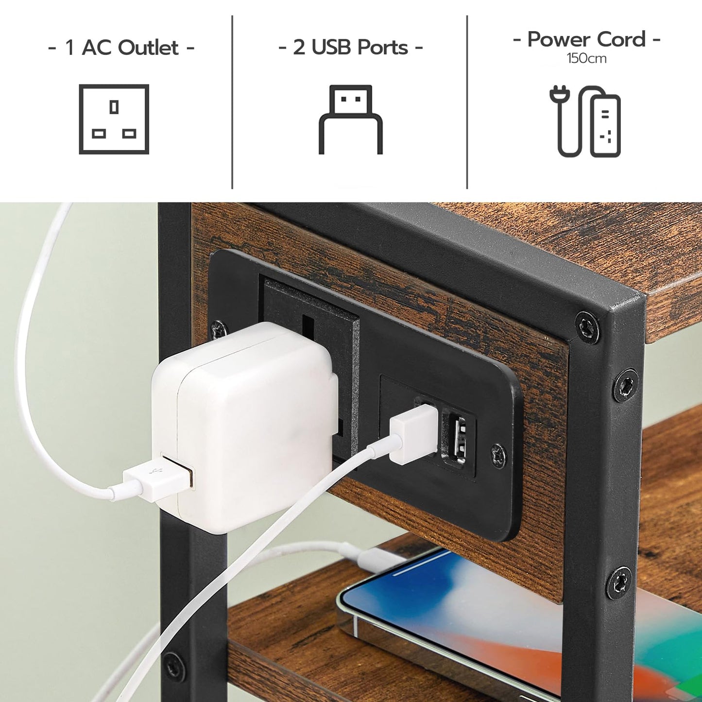 HOOBRO Slim Side Table with Charging Station, Narrow Side Table with USB Ports and Power Outlet, 42 x 18 x 65 cm, 3-Tier End Table for Small Space,