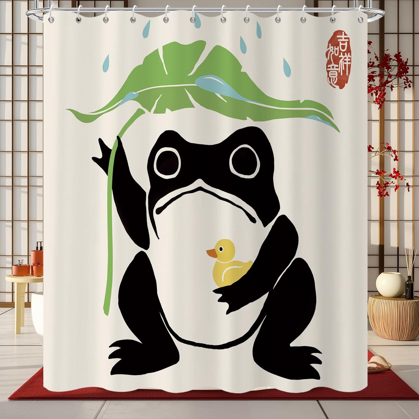 GCIREC Shower Curtain, 180x200cm, Funny Frog Cute Lotus Leaf Asian Japanese Art Waterproof Fabric Machine Washable Bathroom Curtain with Hooks