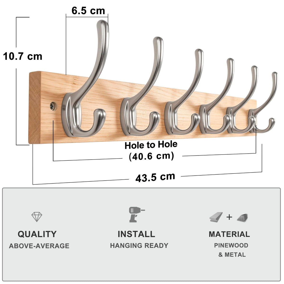 HONSKY Wall Coat Rack - 6 Double Hooks 44cm | Wooden & Metal Towel/Coat Hanger for Entryway, Bathroom, Bedroom, Garage | Easy Install