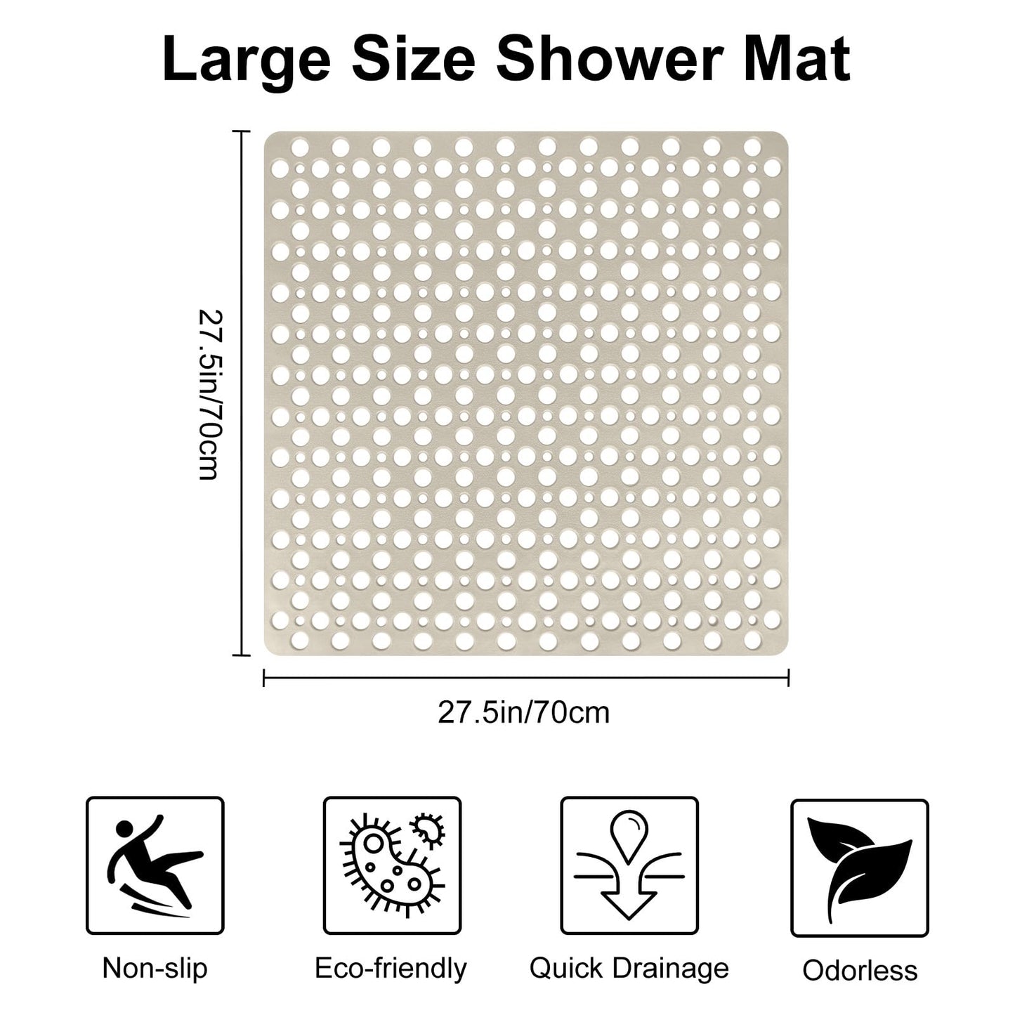 Anti Slip Shower Mat with Suction Cups,70x70cm Quick Drain TPE Non Slip Shower Mats for Inside Shower,Large Bath Mat for Shower Soft on Feet