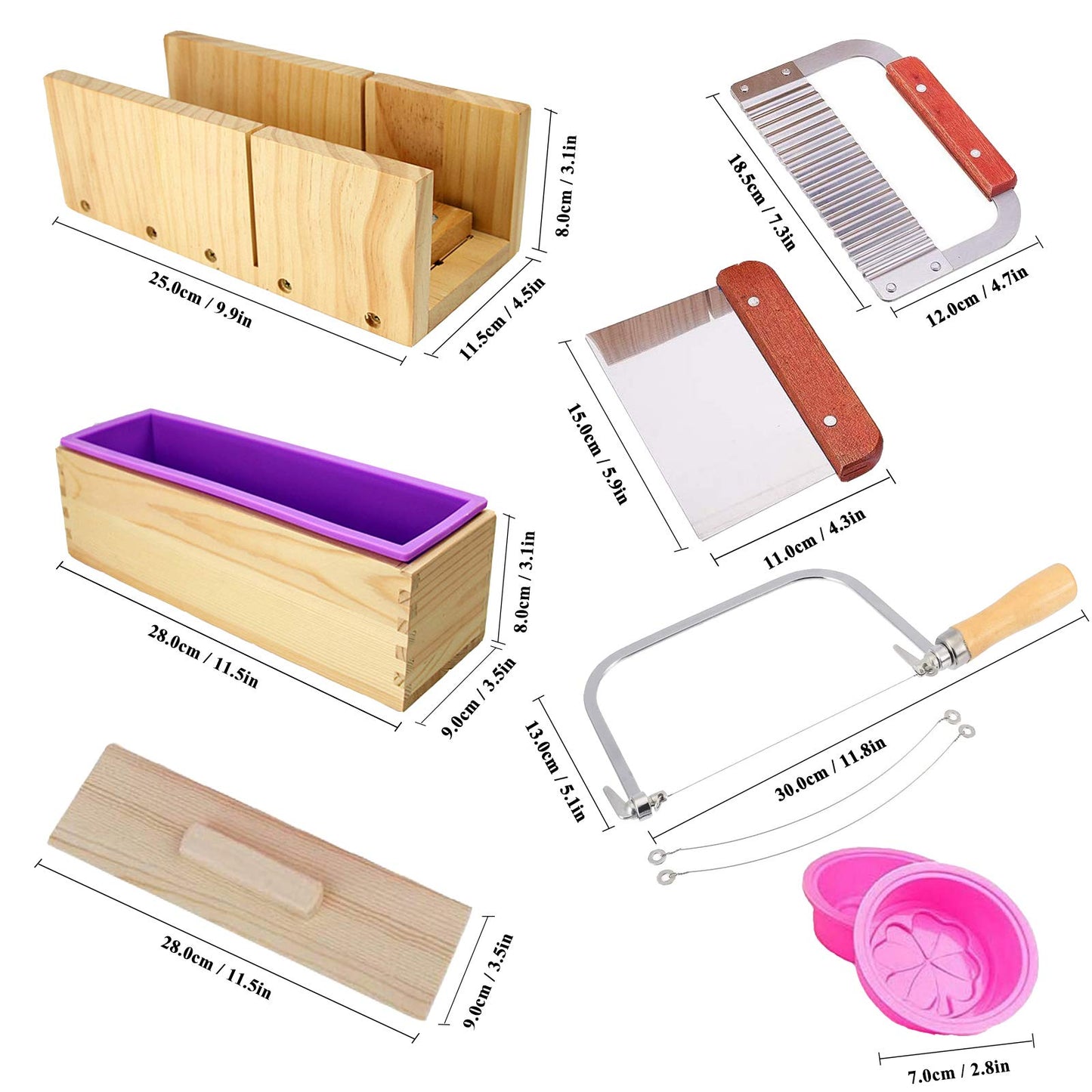 Hard Pine Adjustable Wood Soap Cutter Slicer Box Set - Art Craft Soap Making Loaf Mold Wire Cutter with Handmade Silicone Soap Loaf Mould and 3 Pcs
