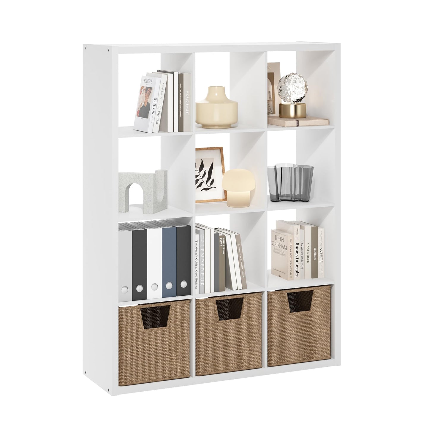 Furinno CUBICLE Book Shelf, 12-Cube Thick Frame Bookshelf, Reversible Bookcase with Open Back, 37.08 x 111.25 x 147.32 cm, for Living Room, Bedroom