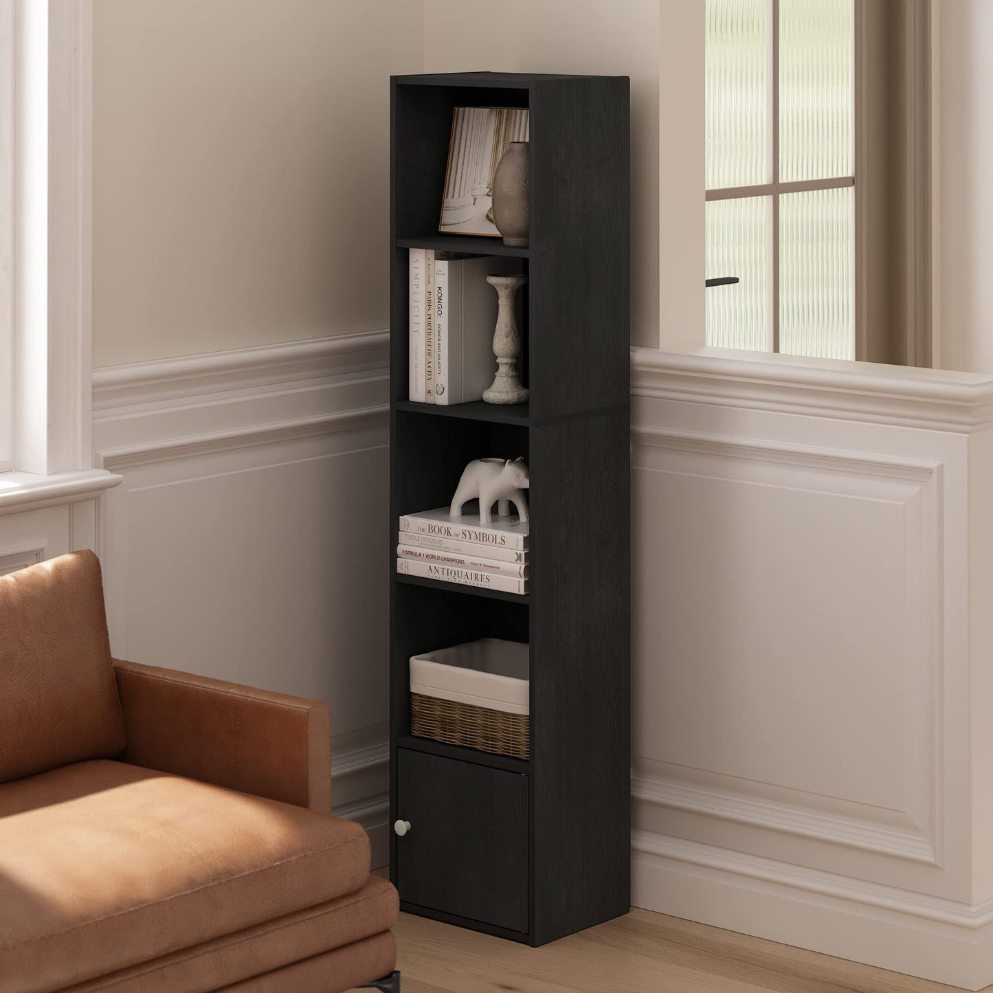Furinno LUDER Book Shelf, 5-Tier Modern Bookshelf, Bookcase with 1 Door Storage Cabinet, 9.3 x 12 x 52, for Living Room, Bedroom, Home Office