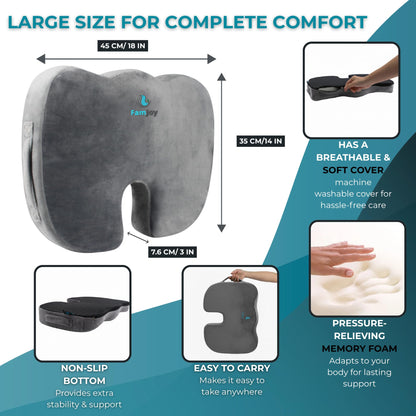 Famjoy Memory Foam Seat Cushion – Ergonomic U-Shaped Support for Back, Hip & Tailbone Pain Relief – Washable Non-Slip Cover – Grey