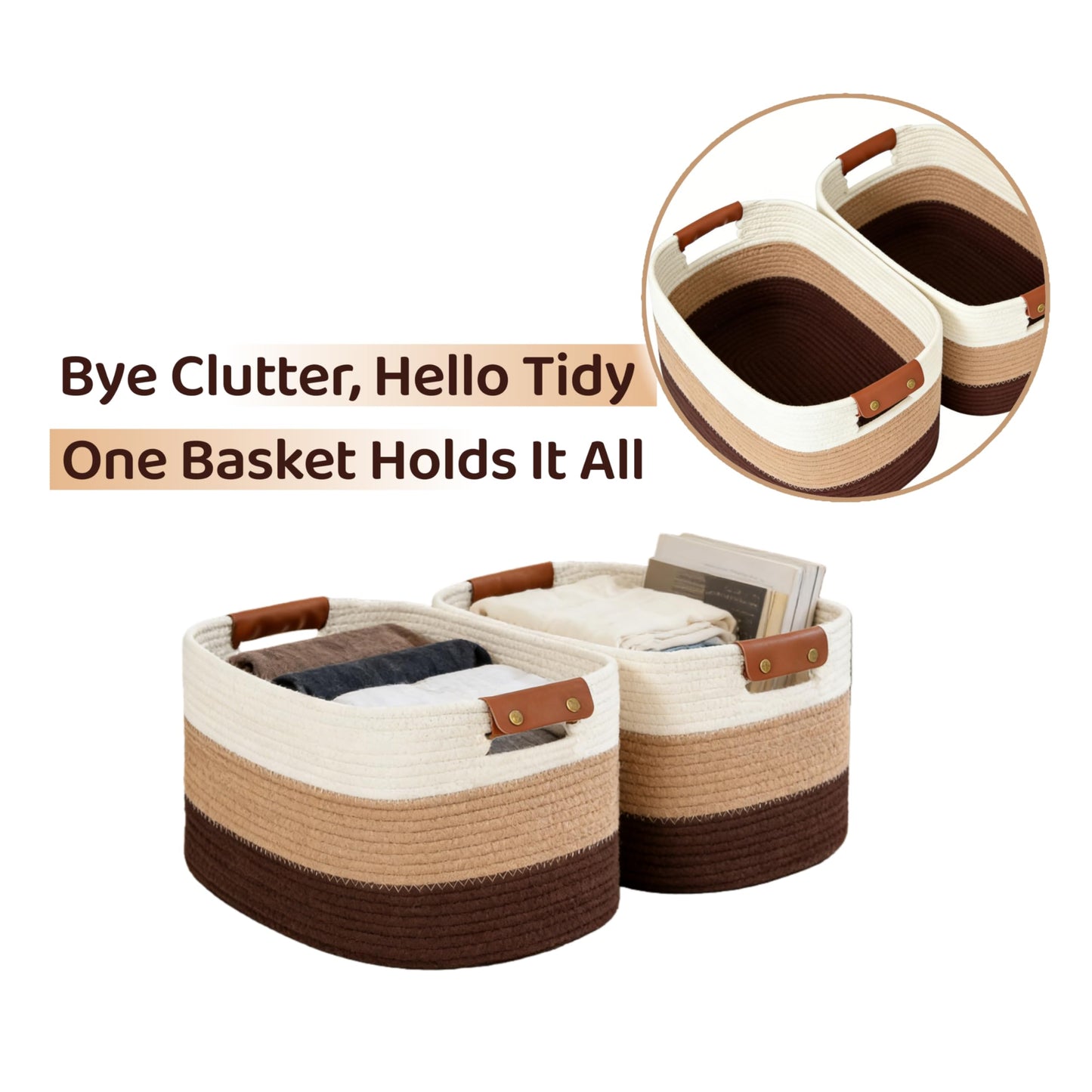 2 Pcs Large Storage Baskets with Detachable Leather Handles, Foldable