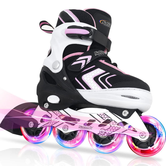 Nattork Roller Skates for Girls with Full Light up Wheels, Adjustable Beginner Inline Skates for Youth, Pink Ages 8-12