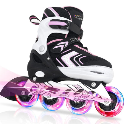 Nattork Roller Skates for Girls with Full Light up Wheels, Adjustable Beginner Inline Skates for Little Kids, Pink, Size 10J 11J 12J
