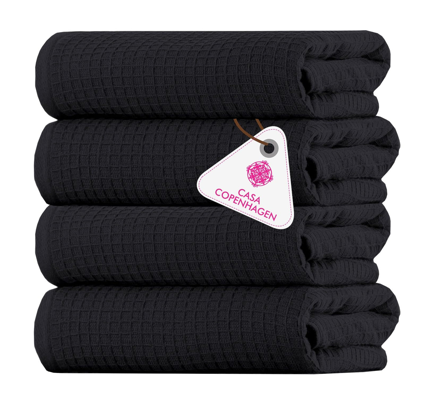 CASA COPENHAGEN Waffle 4-piece bath towel set – Black, 70x140 cm, Egyptian cotton, designed in Denmark, for bathroom, kitchen & shower