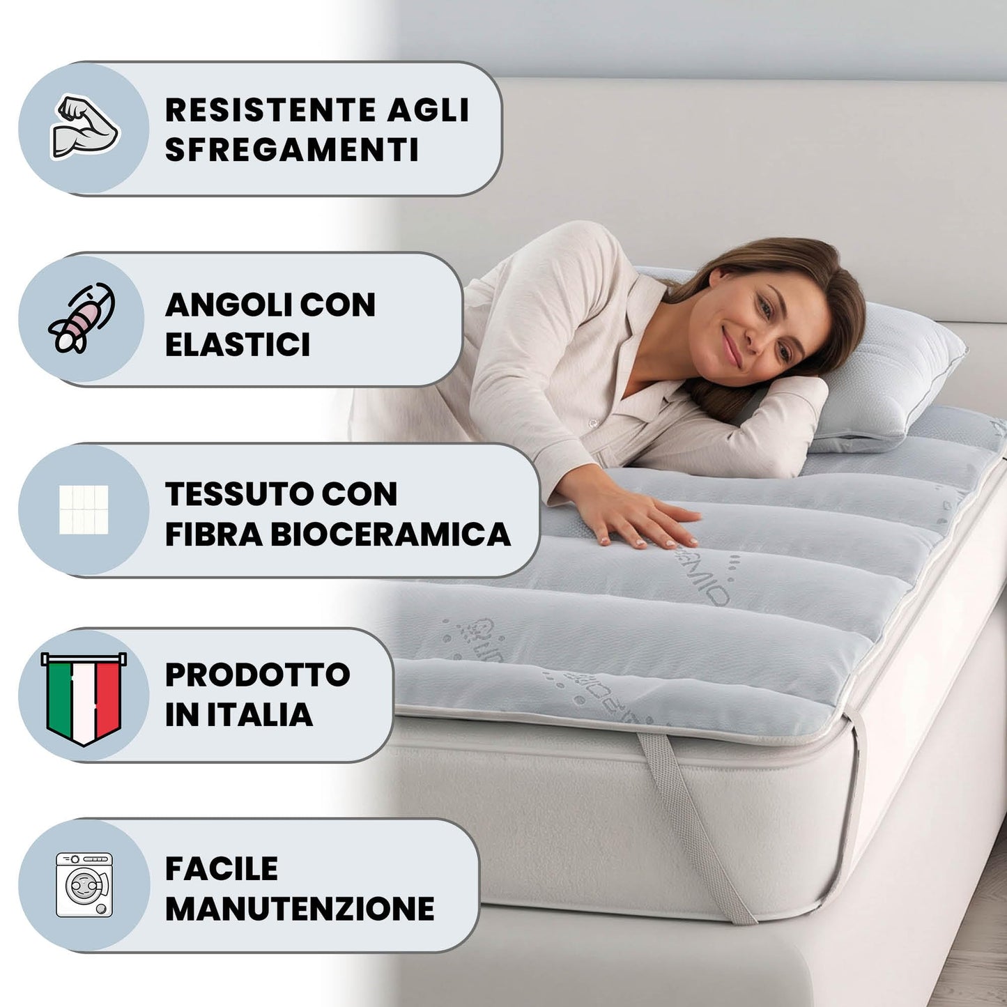 Italian Bed Linen MB HOME ITALY Quilted Topper, Bioceramic, Light Grey, Single 85x195 cm