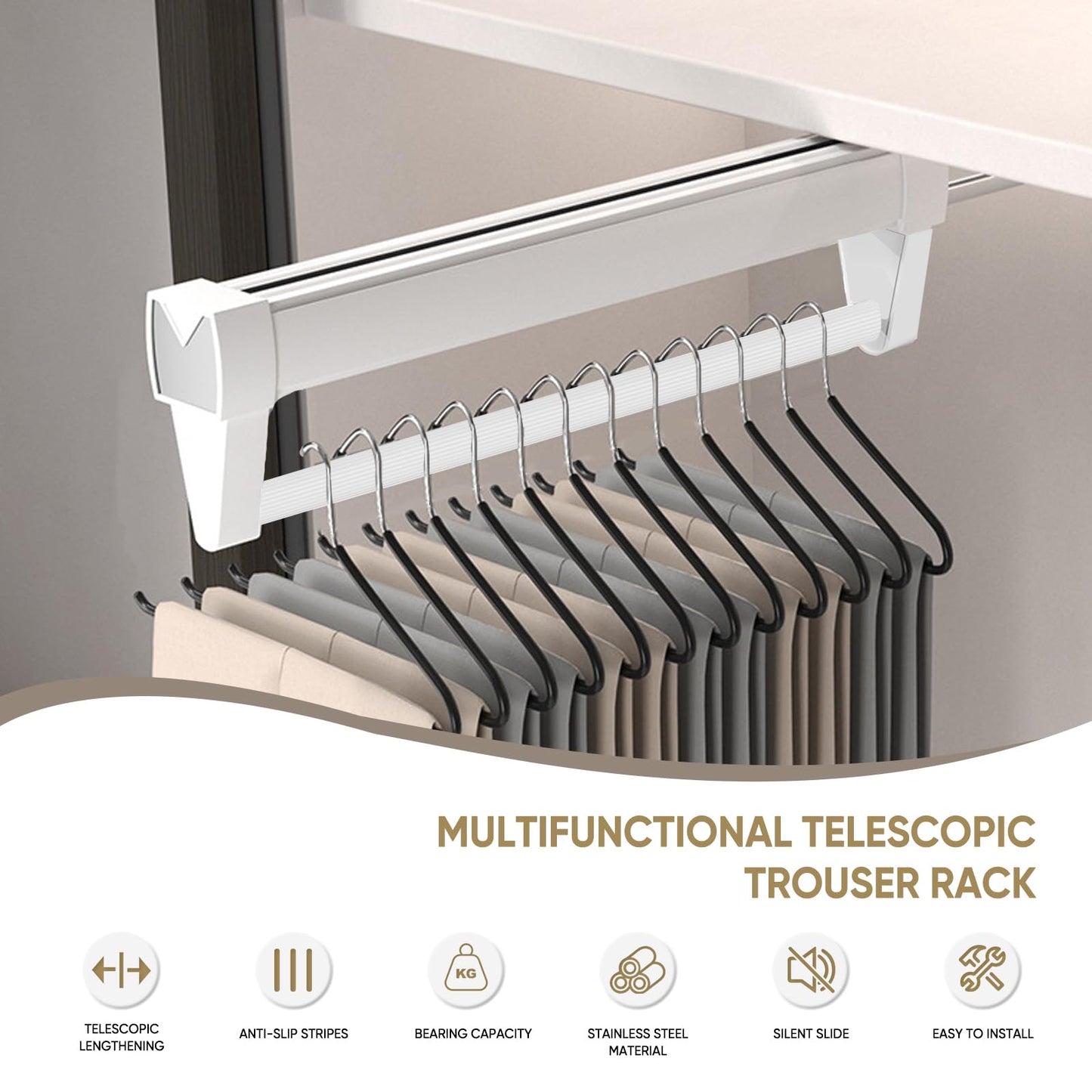 Pull Out Clothes Rail,Wardrobe Pull Out Clothes Rail (26-61CM) Steel Adjustable Clothe Rails For Trousers Clothing Storage, Space Saving (36CM)