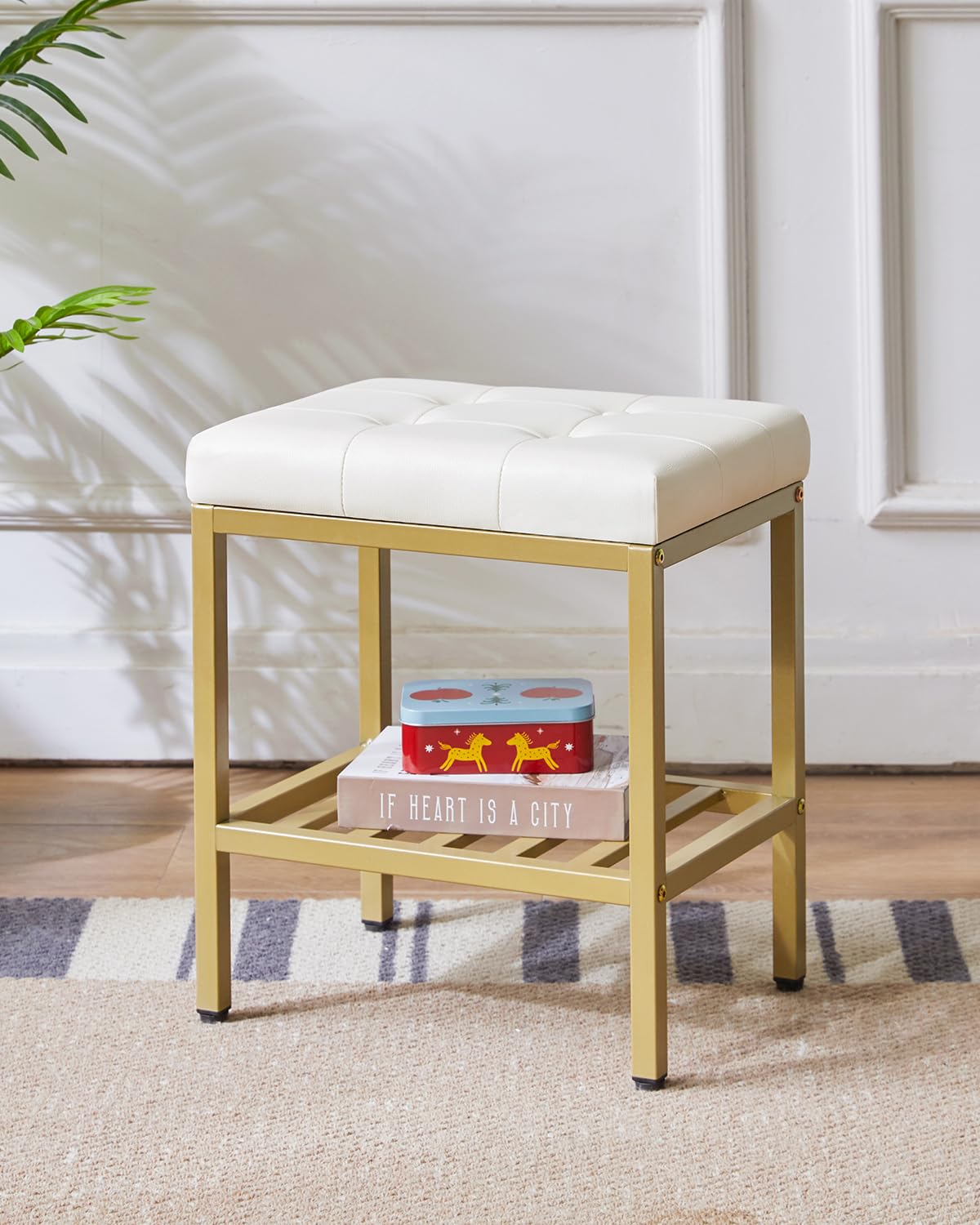 IBUYKE Rectangular Makeup Stool, PU Seat Vanity Chair, White WBD017W