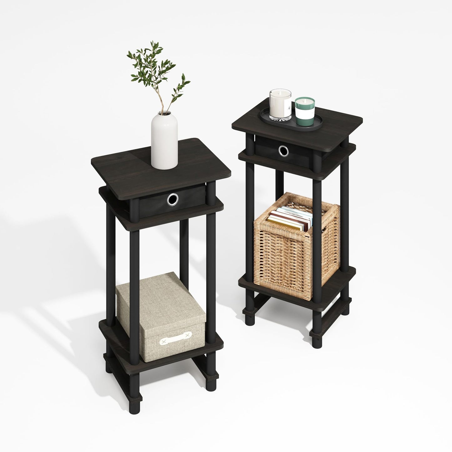 Furinno MODERN Side Table Set of 2, 3-Tier End Table with Storage Bin, Open Shelf Night Stand, Bedside Table, for Living Room, Bedroom, Black Espresso